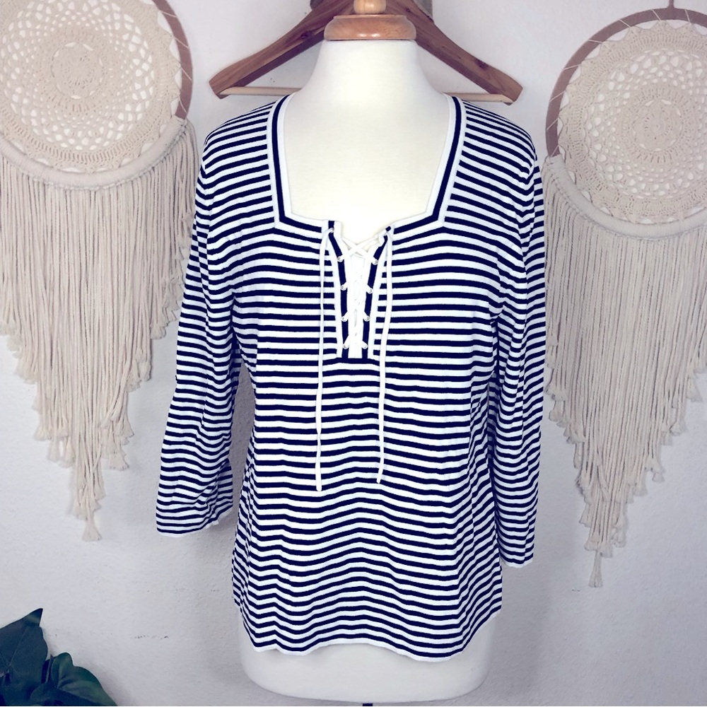 Chicos black and white striped lace up neckline sweater XL 3 16 nautical resort